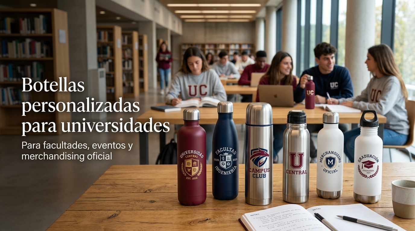 Termos, botellas y bidones con logo para facultades, promociones, eventos universitarios, bienvenida de alumnos y merchandising oficial.